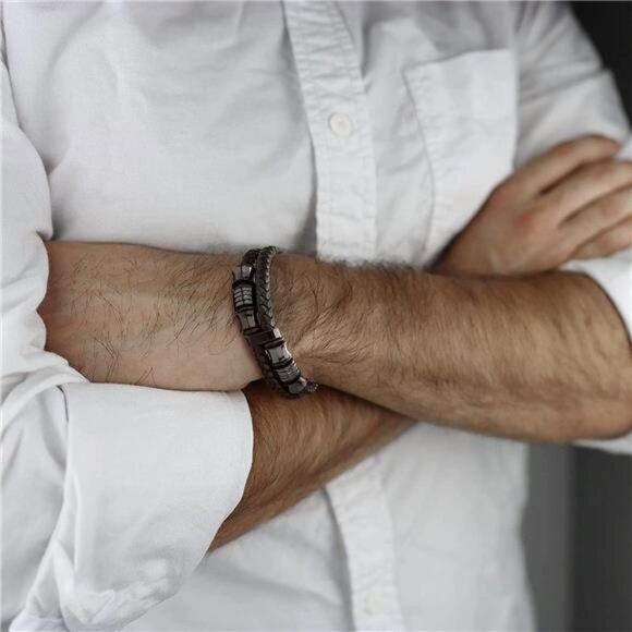 Mens Braided Leather Bracelet Double Row Bangle Wristband Stainless Steel Black - Picture 4 of 7